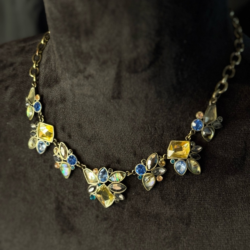 Vintage blue and yellow flowers on gold link choker